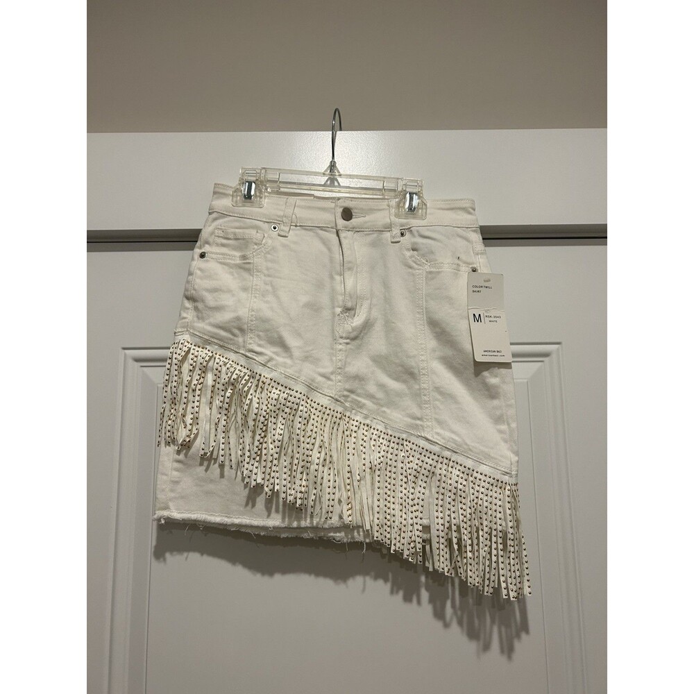 Western Fringe White denim Mini Skirt size Medium Boho Festival Country Concert